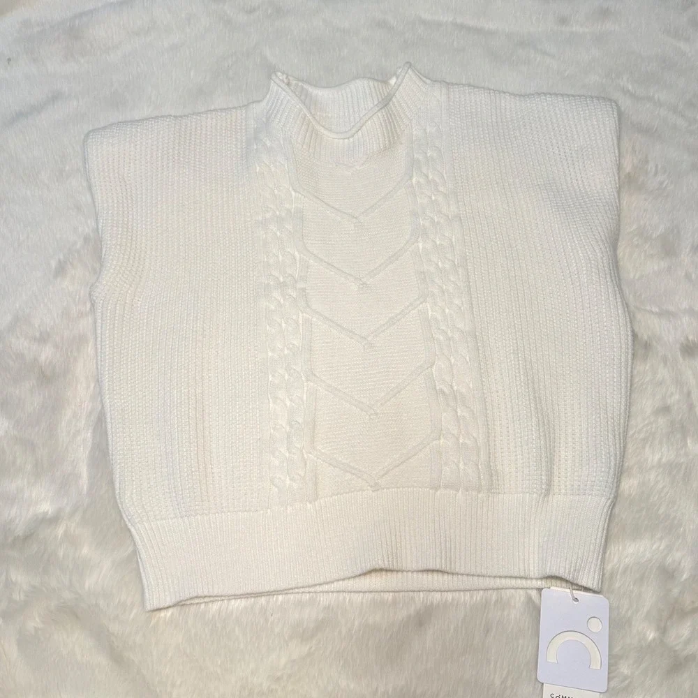 NWT‎ Commense Ivory Cable Knit Mock Neck Sweater Vest Cap Sleeve White Large